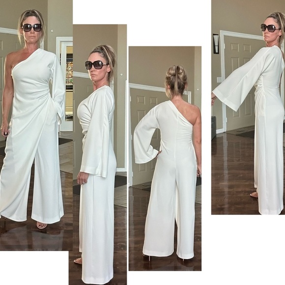 Zara white asymmetrical one shoulder sarong wrap ruched draped wide leg jumpsuit